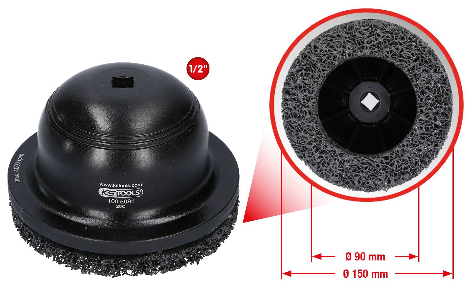 Szczotka 'KSTools' z napędem 1/2". Średnica: 150 mm na zewnątrz, 90 mm wewnątrz. Czarny, szczeciniowy brzeg, wytrzymała konstrukcja.