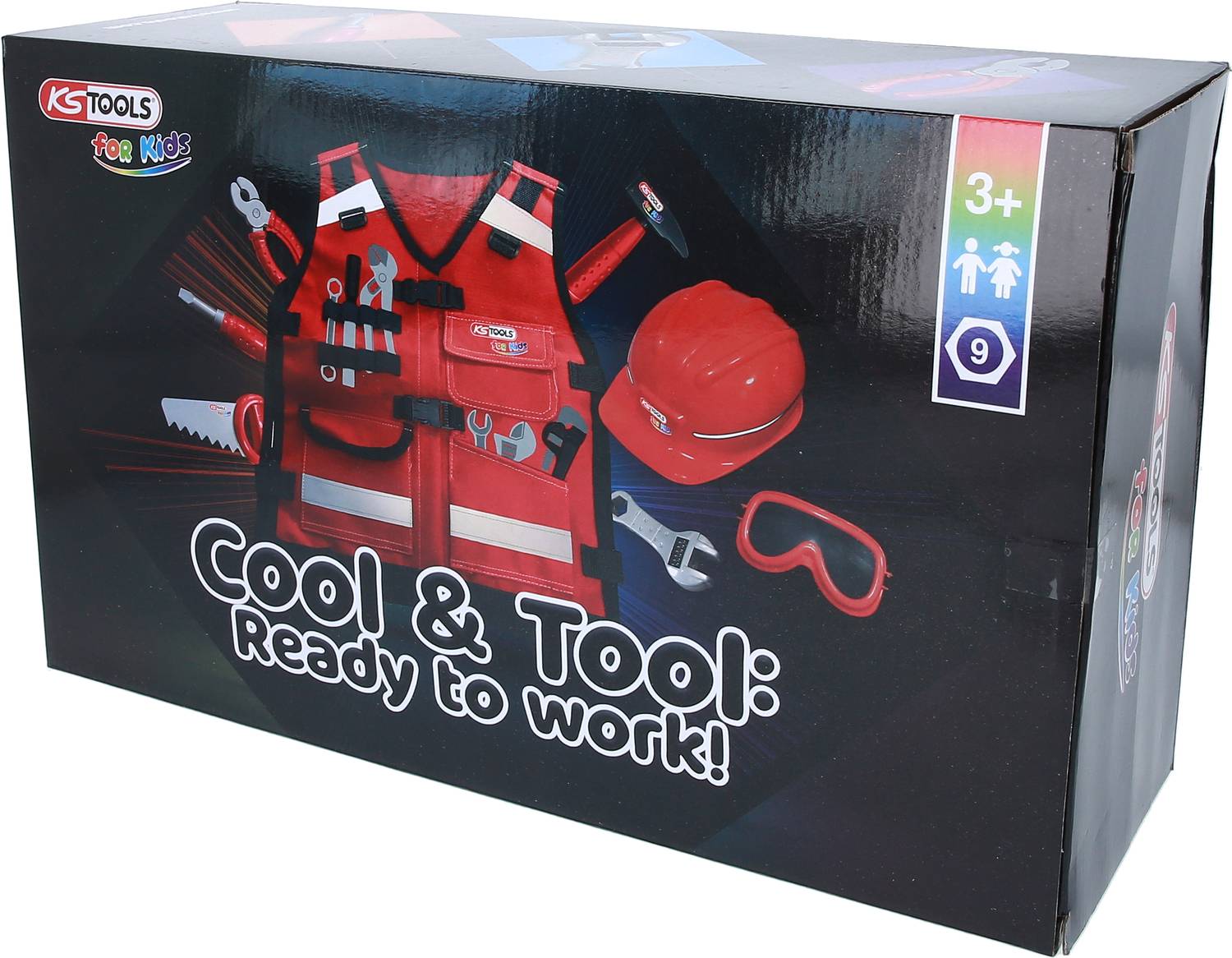 Opakowanie zestawu narzędzi dla dzieci powyżej 3 lat, zawiera kamizelkę, kask, okulary ochronne i narzędzia.