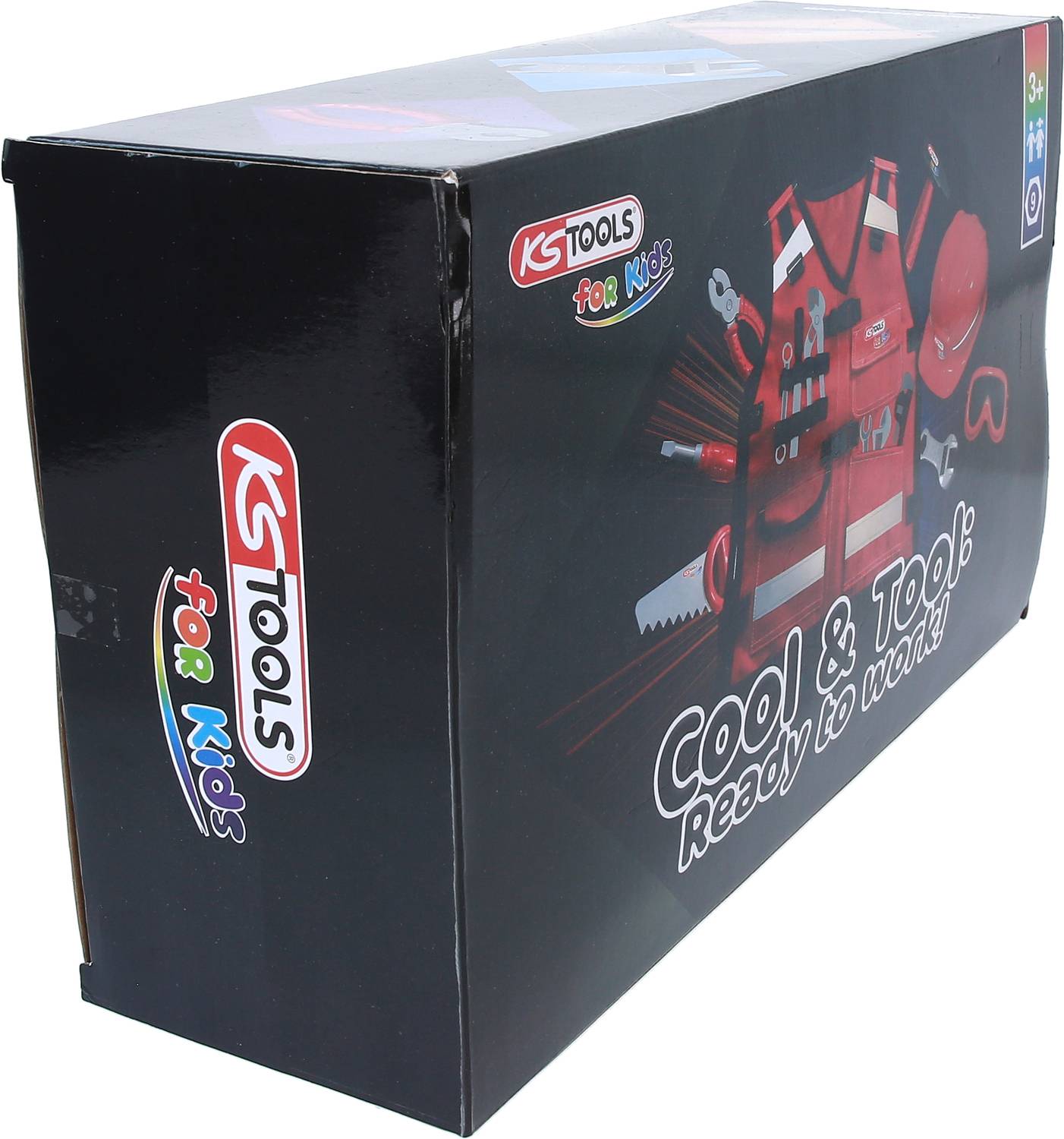 Zestaw narzędzi 'KS Tools for Kids', czarne pudełko z czerwoną kamizelką i narzędziami na opakowaniu, przeznaczony dla dzieci od 3 lat.