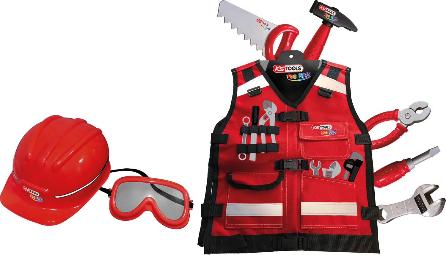 Czerwony zestaw zabawkowych narzędzi z hełmem, okularami ochronnymi, kamizelką oraz plastikowymi narzędziami takimi jak młotek i klucz.
