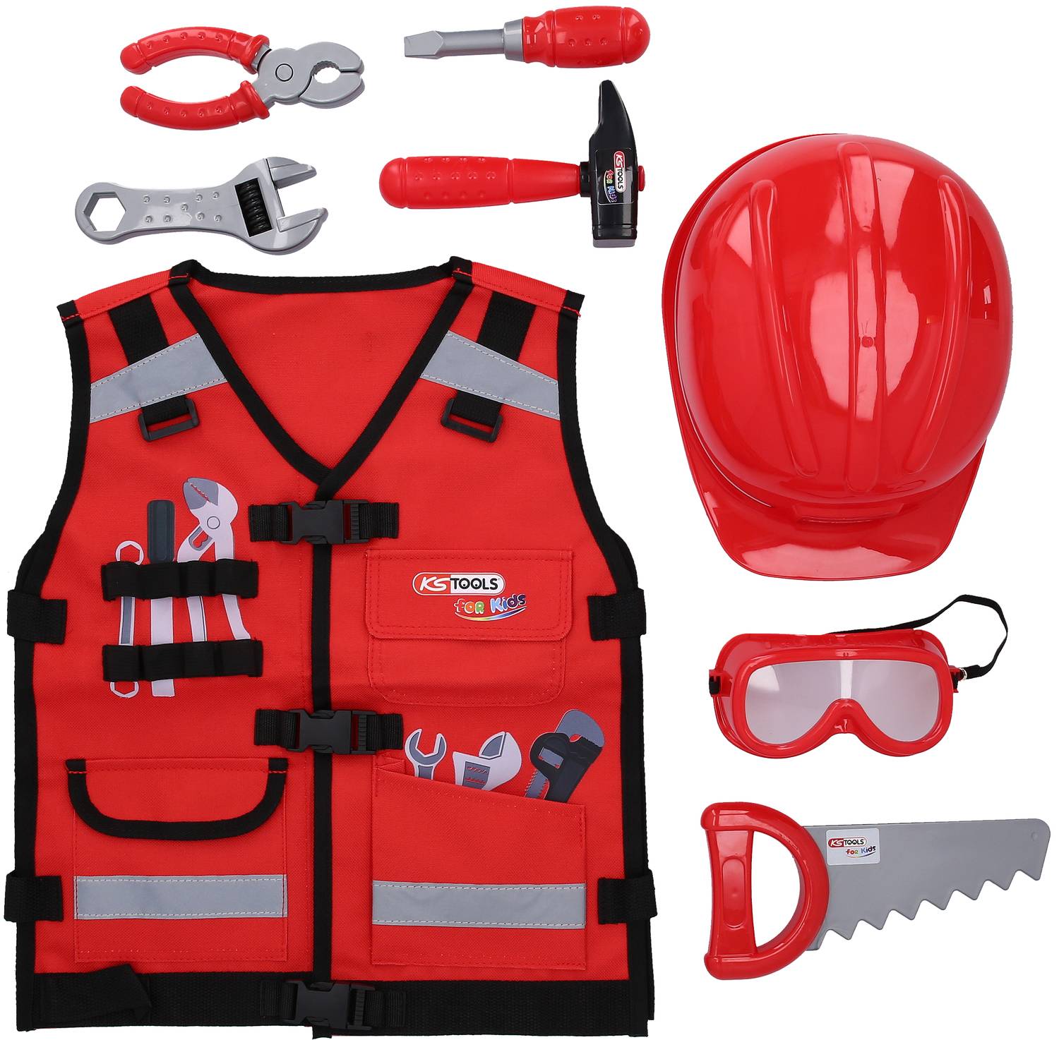 Czerwony zestaw narzędzi dziecięcych: kask, kamizelka z kieszeniami, piła, okulary ochronne i różne zabawkowe narzędzia.