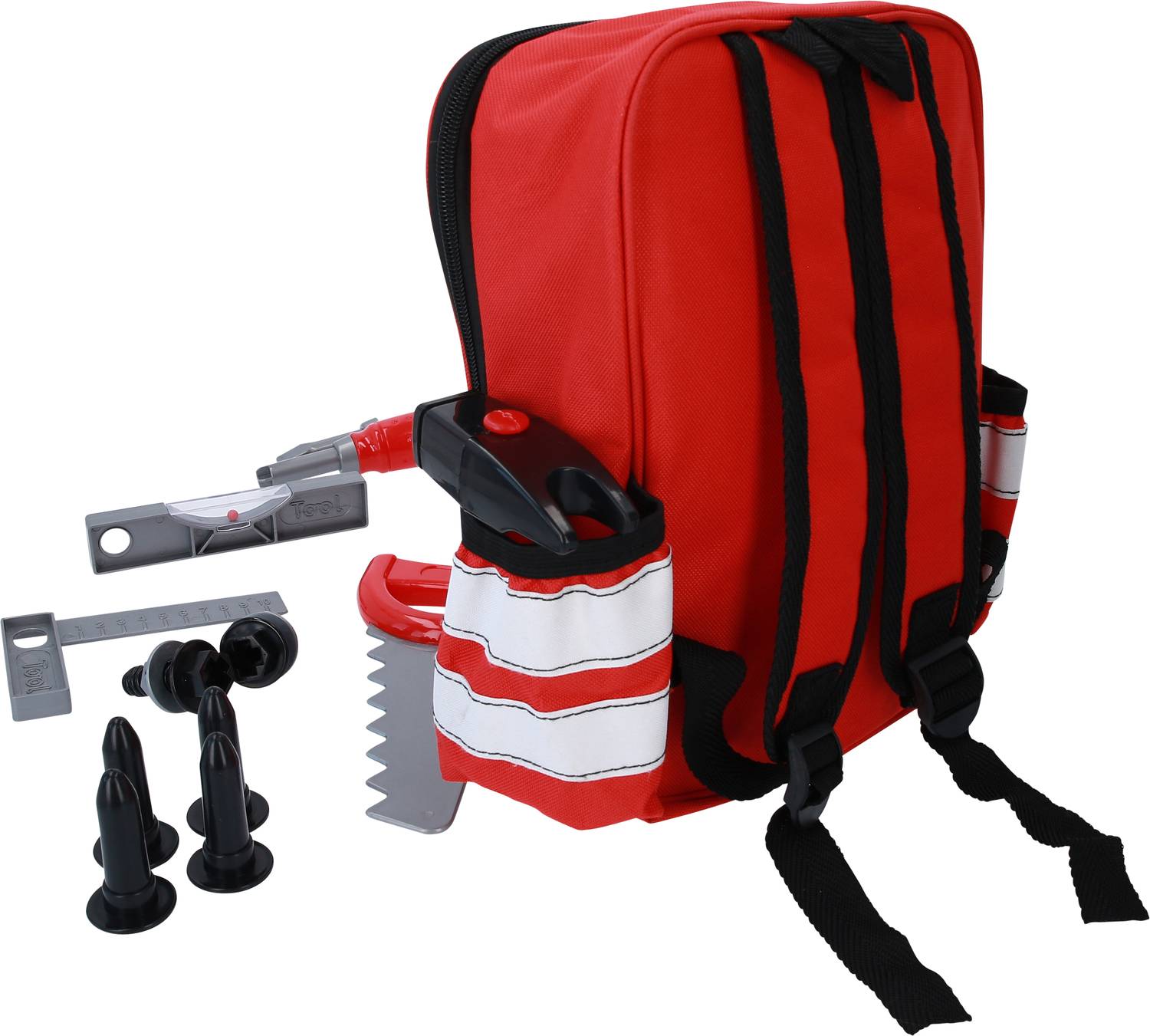Czerwony plecak z paskami mądrości, wypełniony narzędziami ratunkowymi takimi jak łopata, piła i gwizdki, odpowiedni do wyposażenia awaryjnego.
