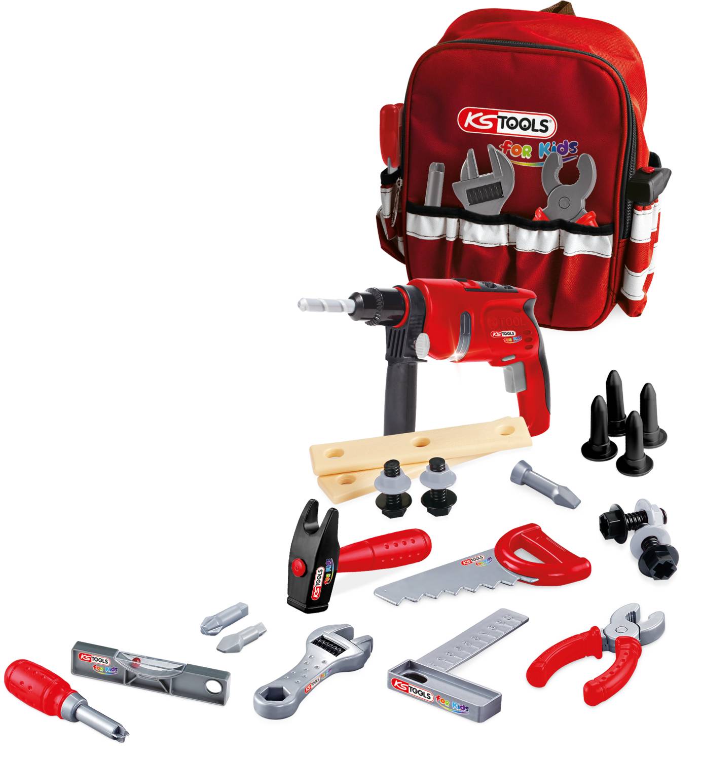 Czerwony plecak dziecięcy z zabawkowymi narzędziami: wiertarka, piła, klucz i więcej. Idealny do zabaw w role i dziecięcego majsterkowania.