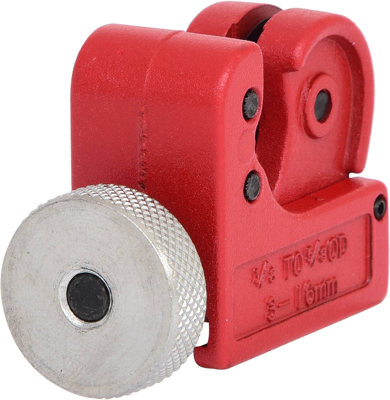 Czerwony obcinacz do rur wykonany z metalu z srebrnym kółkiem tnącym. Odpowiedni do rur o średnicy od 3 do 16 mm.