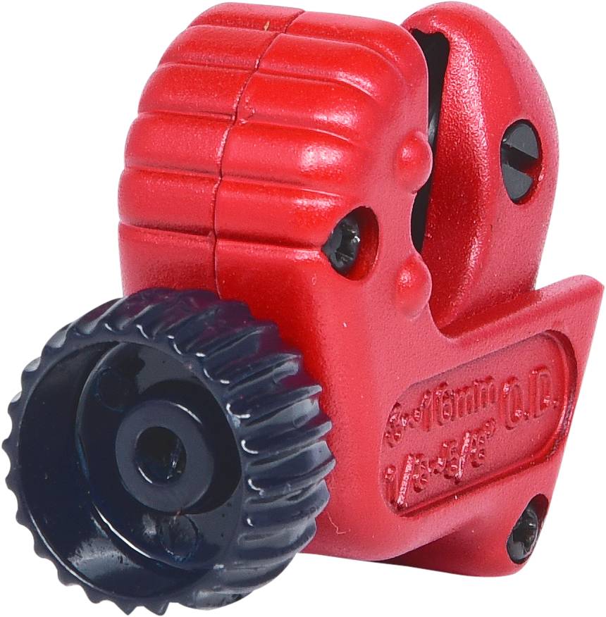 Czerwony obcinacz do rur z czarnym kółkiem tnącym, odpowiedni do cięcia małych rur miedzianych.