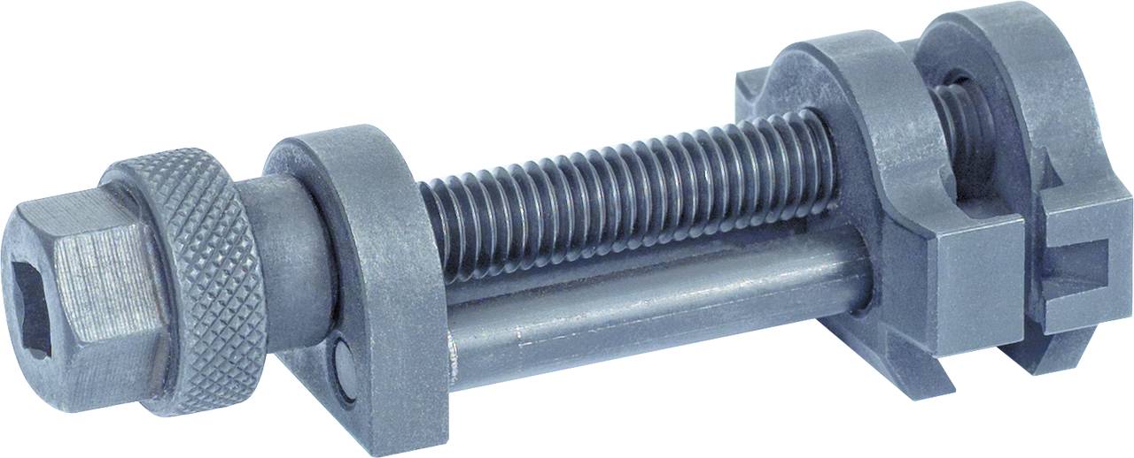 Metalowe uchwyto-mocowanie z karbowanym uchwytem i śrubą, stosowane do pewnego mocowania lub zaciskania w zastosowaniach mechanicznych.