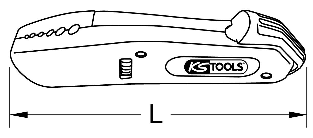 Ilustracja narzędzia pomiarowego z napisem 'KS Tools'. Strzałka opisana jako 'L' wskazuje na długość narzędzia.