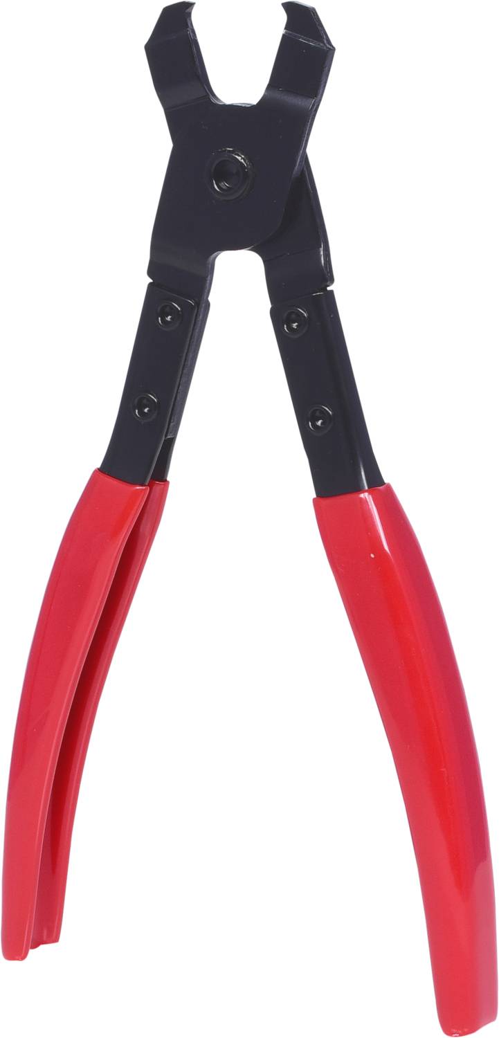 Szczypce z czarnego metalu z czerwonymi uchwytami.