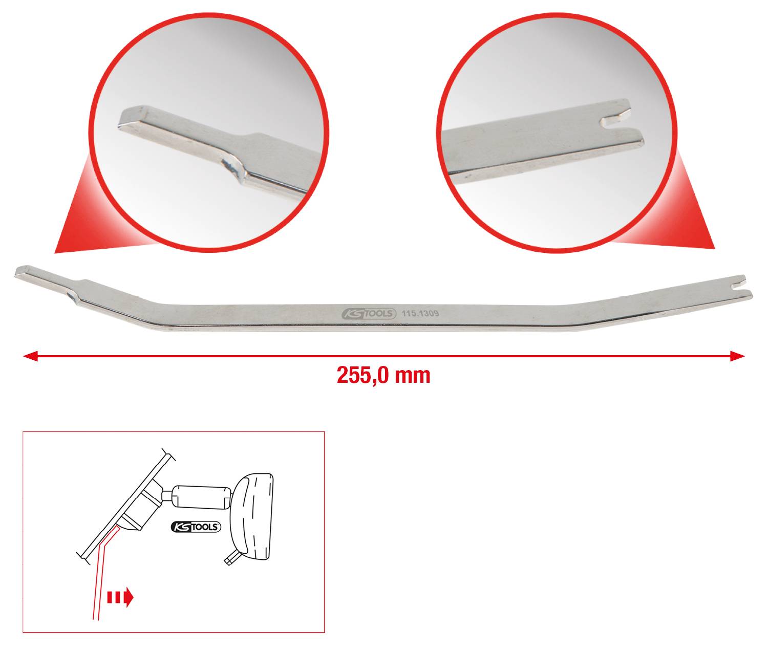 Wąskie narzędzie metalowe o długości 255 mm, używane do pomocy przy zdejmowaniu osłon lub elementów mocujących w obszarze pojazdu.
