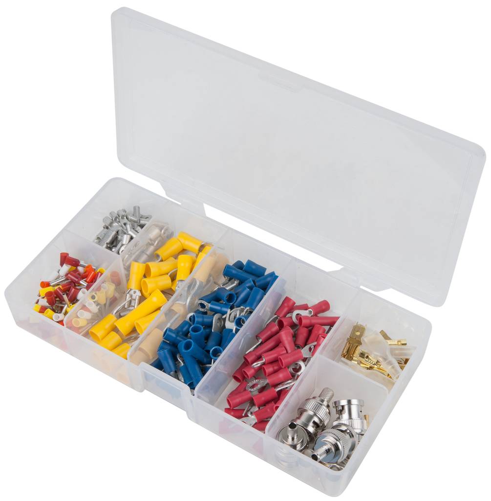 Plastikowy pojemnik zawiera różnokolorowe wtyczki i gniazda kablowe w oddzielnych przegródkach. Kolory to czerwony, niebieski, żółty i srebrny.