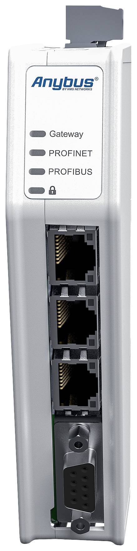 Urządzenie przemysłowe firmy Anybus z wieloma złączami Ethernet i portami szeregowymi, przeznaczone do komunikacji w sieciach PROFIBUS i PROFINET.