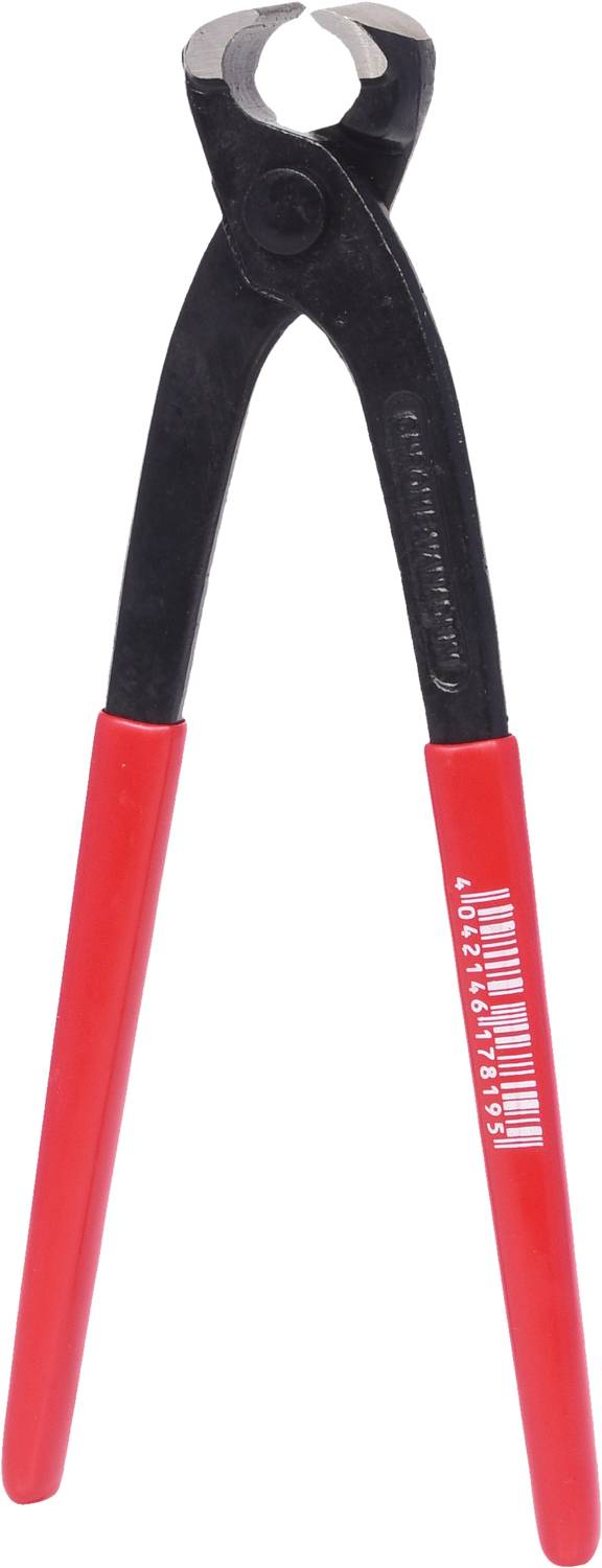 Ilustracja przedstawia szczypce do cięcia z czerwonymi uchwytami na białym tle. Szczypce są rozchylone, aby uwidocznić ostrze.