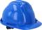 Niebieski plastikowy kask ochronny, wskazujący na bezpieczeństwo w miejscu pracy.