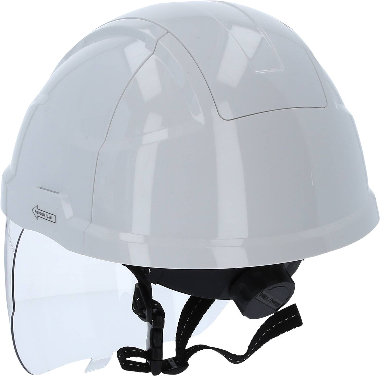 Biały kask ochronny z zintegrowaną przyłbicą i regulowanym paskiem podbródkowym, przeznaczony do prac związanych z bezpieczeństwem.