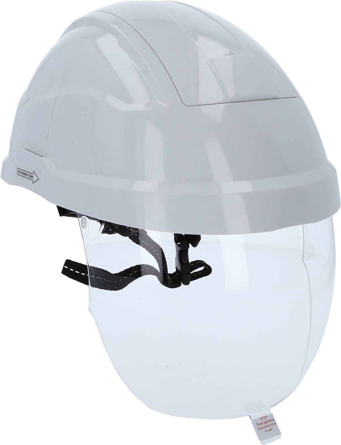 Biały kask ochronny z zintegrowaną przezroczystą przyłbicą, przeznaczony do prac budowlanych lub przemysłowych zastosowań bezpieczeństwa.