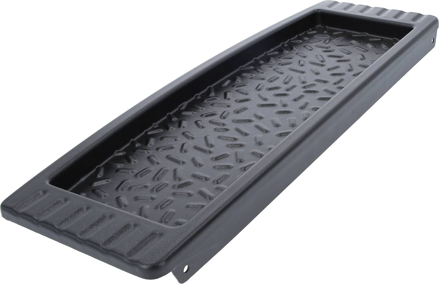 Czarna plastikowa taca z antypoślizgowym wzorem, prostokątnego kształtu, odpowiednia do warsztatu lub garażu do przechowywania narzędzi.