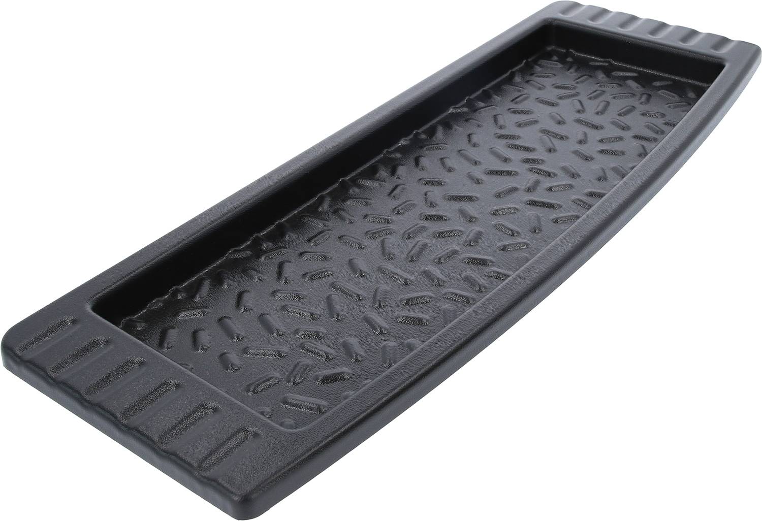 Czarna prostokątna taca z podniesionym brzegiem i antypoślizgowym wzorem na powierzchni. Idealna do bezpiecznego odkładania przedmiotów.
