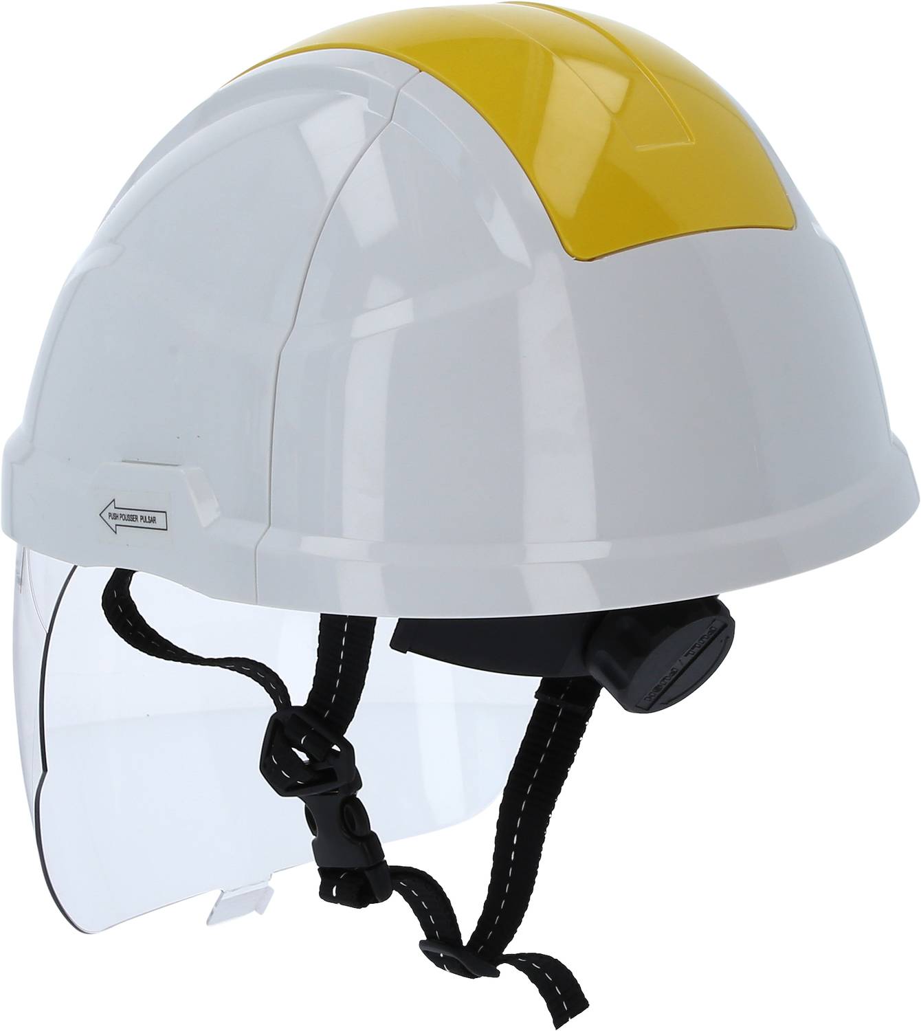 Biały kask budowlany z żółtym paskiem na wierzchu. Kask posiada wizjer i regulowany pasek podtrzymujący.