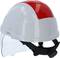 Biały hełm ochronny z czerwonym paskiem i składaną przyłbicą, odpowiedni do ochrony pracy na budowach.