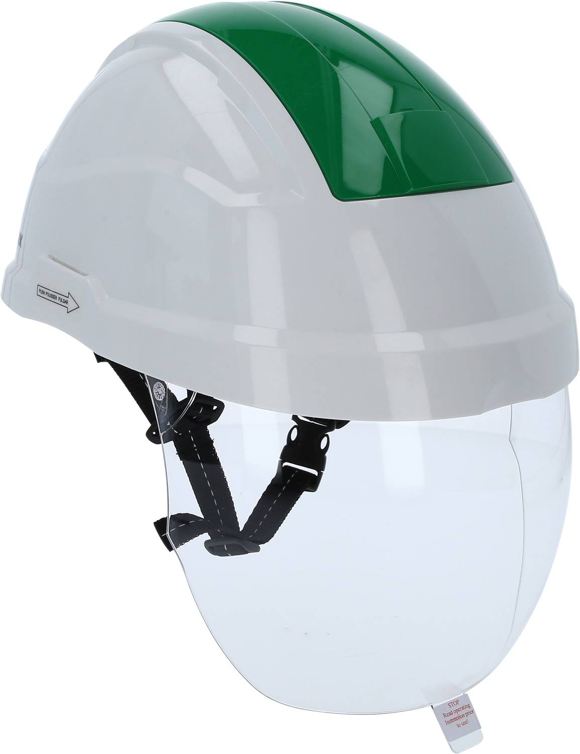 Kask ochronny z białego tworzywa sztucznego z zielonym paskiem na wierzchu i przezroczystą osłoną twarzy. Idealny do celów bezpieczeństwa.