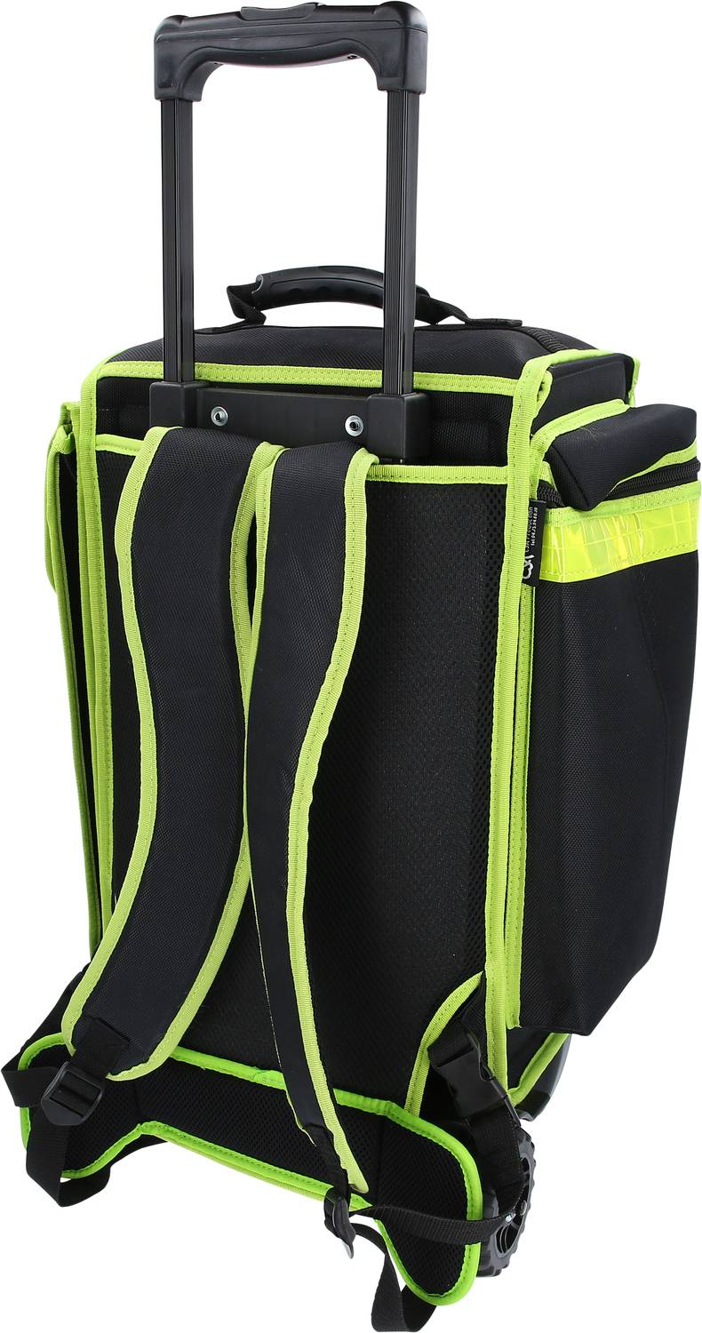 Czarny walizka na kółkach z zielonymi akcentami, wysuwaną rączką i zintegrowanymi paskami plecakowymi. Idealna do podróży lub użytku szkolnego.