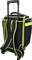 Czarny walizka na kółkach z zielonymi akcentami, wysuwaną rączką i zintegrowanymi paskami plecakowymi. Idealna do podróży lub użytku szkolnego.