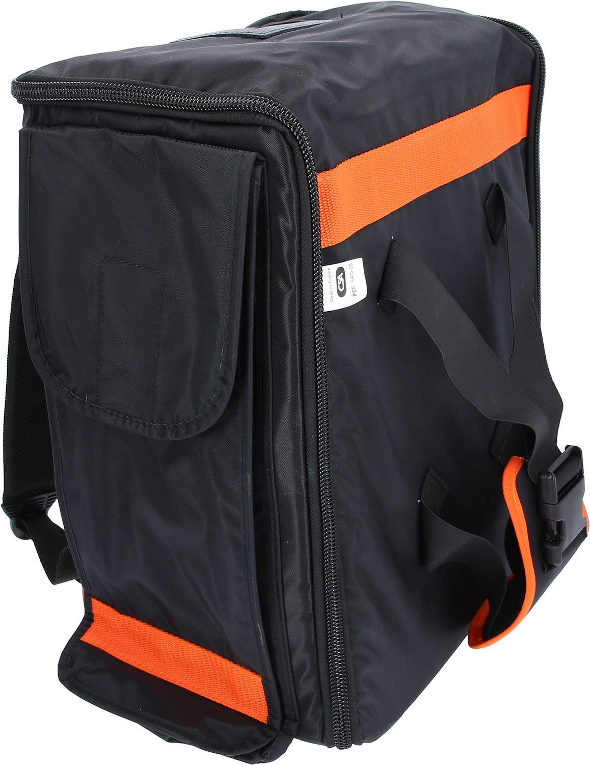 Czarna torba z pomarańczowymi paskami i paskiem do noszenia, odpowiednia do transportu różnych przedmiotów.