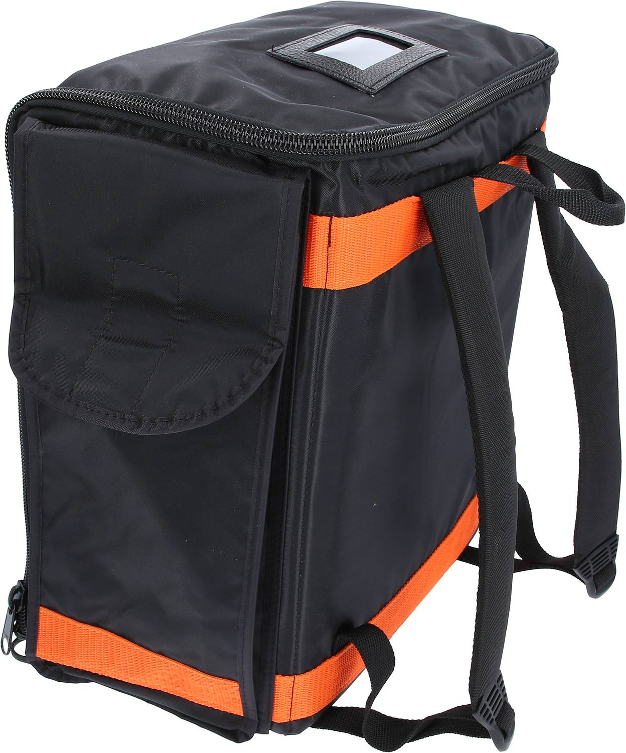 Czarny i pomarańczowy plecak z kieszenią boczną, odpowiedni do transportowania lub przechowywania przedmiotów.