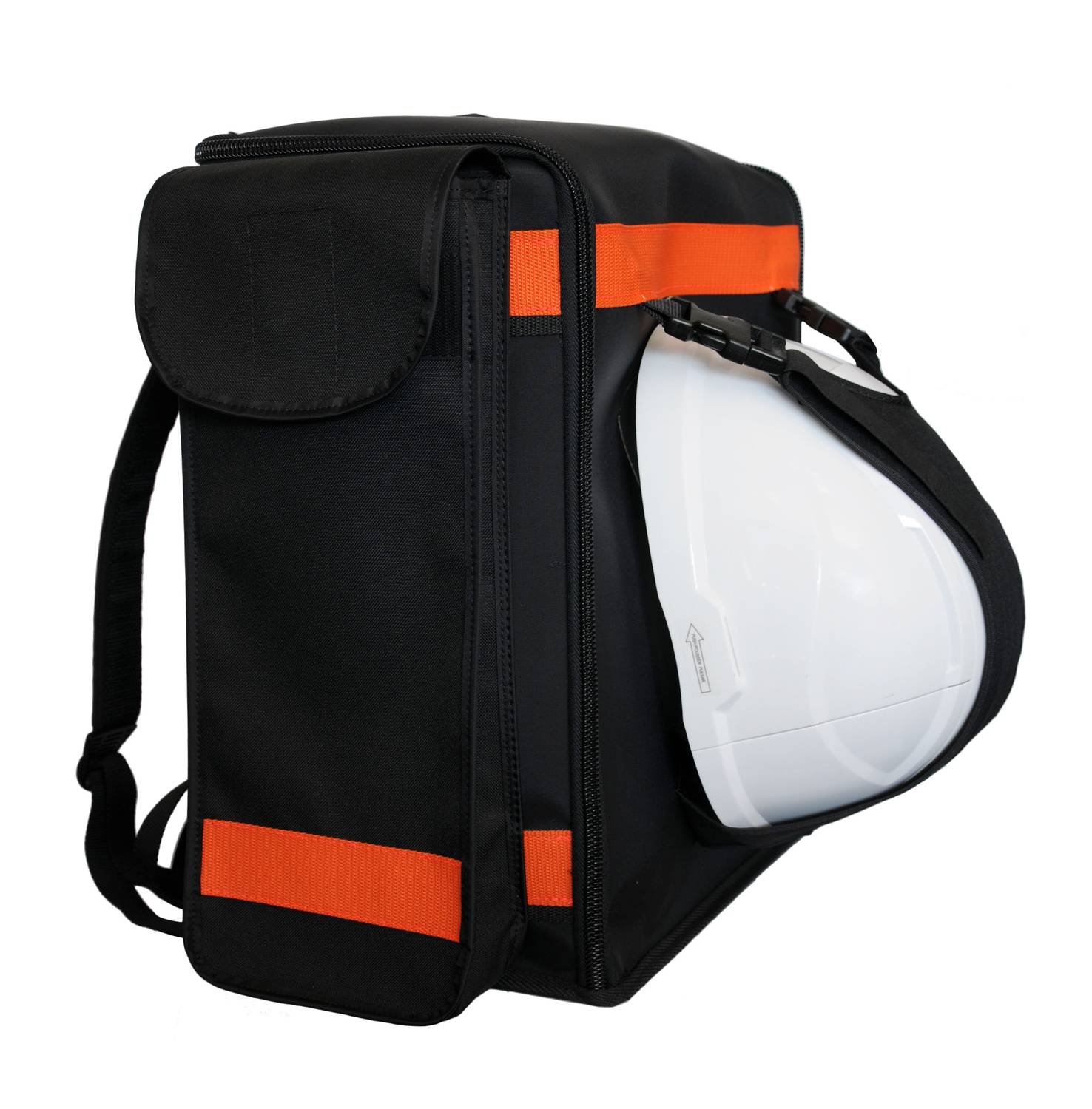 Czarny plecak z pomarańczowymi paskami, z białym kaskiem przymocowanym z boku.