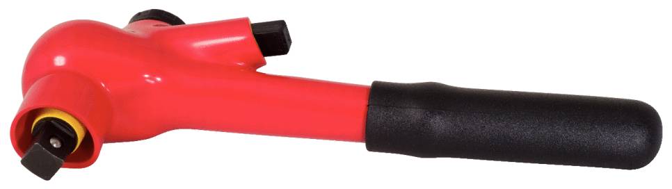 Czerwony młotek bezpieczeństwa z czarną rękojeścią, używany w sytuacjach awaryjnych do ratowania osób z pojazdów poprzez rozbicie szyby.