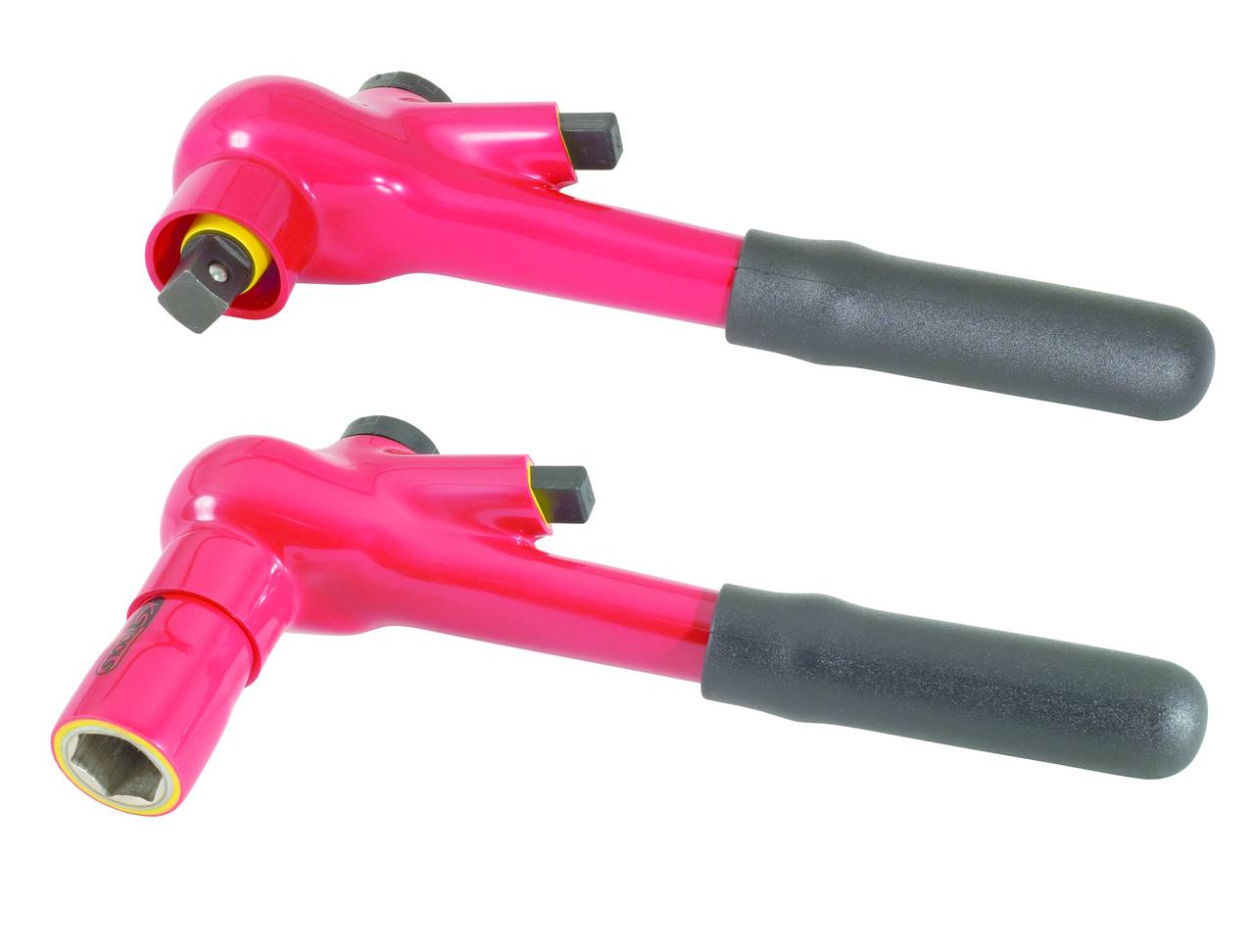 Dwa czerwone klucze dynamometryczne z czarnym uchwytem i przegubową głowicą, ułożone poziomo obok siebie.