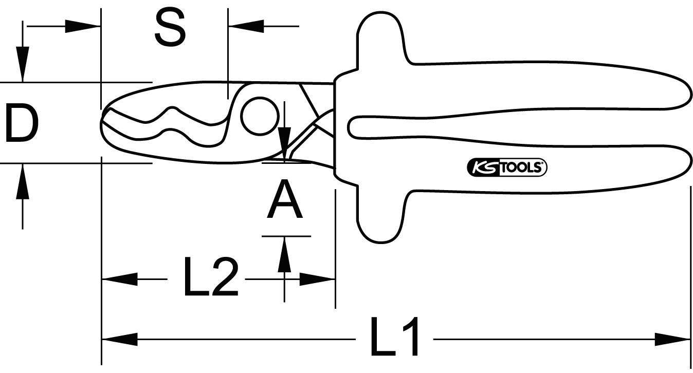Rysunek techniczny szczypiec zaciskowych marki KS Tools. Oznaczenia wymiarów: D, S, A, L1, L2.