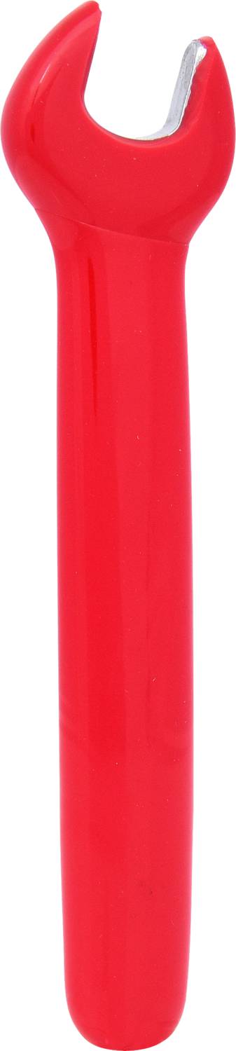 Czerwony plastikowy klucz widełkowy, widok z przodu. Odpowiedni do lekkich prac rzemieślniczych lub jako zabawka dla dzieci.