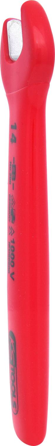 Czerwone, izolowane narzędzie z oznaczeniem '14 2010' na rękojeści. Używane głównie do prac przy instalacjach elektrycznych.