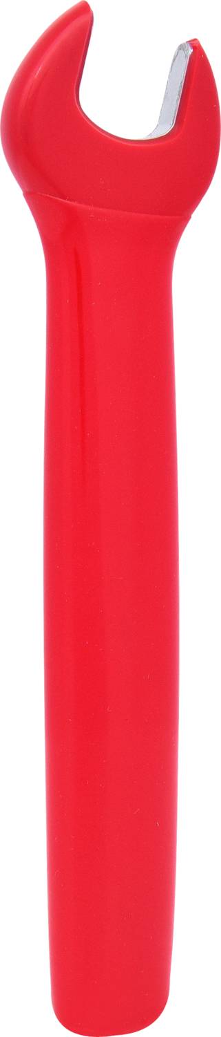 Czerwony klucz płaski z otwartym końcem, odpowiedni do odkręcania śrub lub nakrętek. Plastikowy uchwyt zapewnia lepszy chwyt.