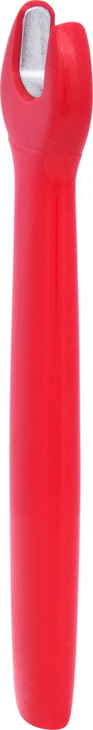 Czerwony ostrzałka do noży z ergonomicznym uchwytem i widocznym ostrzem, stojący w pozycji pionowej.