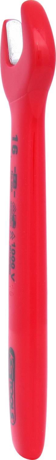 Czerwony klucz płaski z prostą rączką, rozmiar 16, prawdopodobnie do nakrętek lub śrub, z opisem na trzonku.