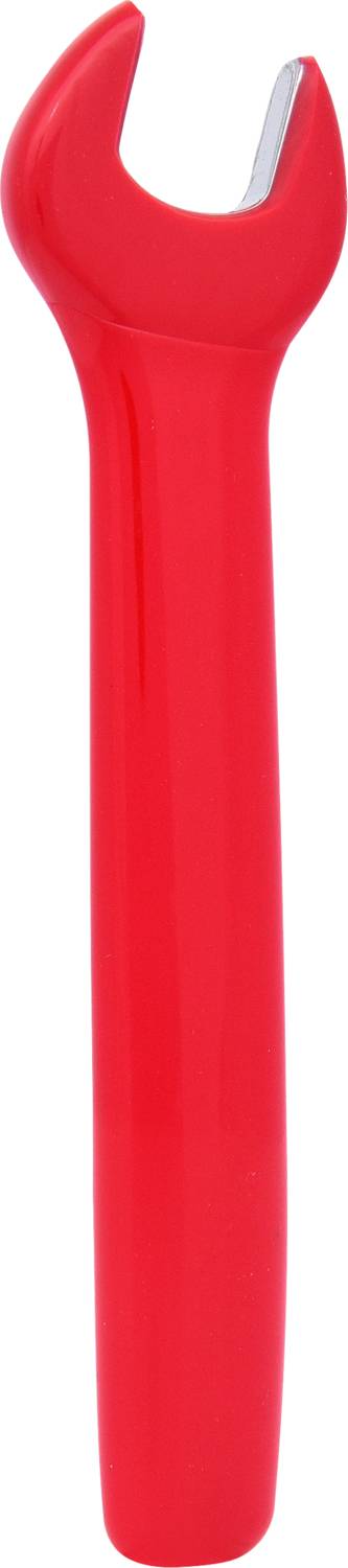 Czerwony klucz płaski z połyskującym uchwytem, ustawiony w pozycji pionowej.