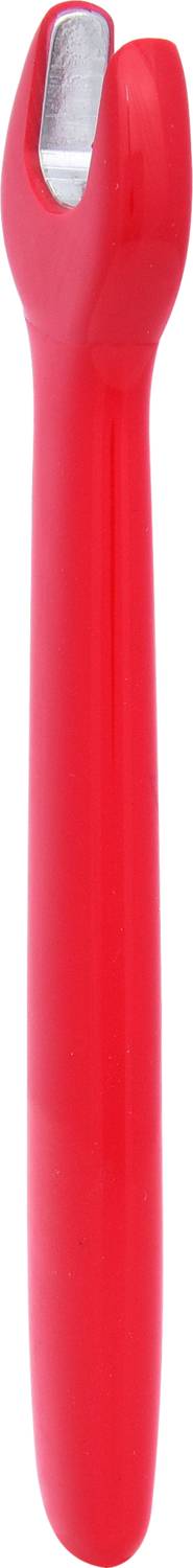 Czerwony obieracz do ziemniaków z ergonomicznym uchwytem i srebrnym ostrzem, stojący pionowo.