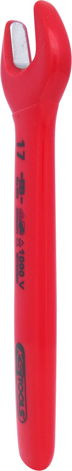 Czerwony izolowany klucz płaski rozmiaru 17, oznaczony informacjami bezpieczeństwa i logo marki na rękojeści.