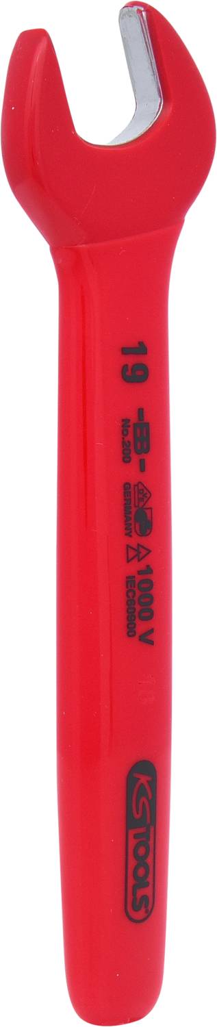 Czerwony izolowany klucz nasadowy z napisem '19', odpowiedni do prac pod napięciem 1000 V, marki KS Tools.