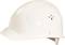 Biały plastikowy kask budowlany sfotografowany z boku. Kask posiada otwory wentylacyjne i zapewnia ochronę na placach budowy.