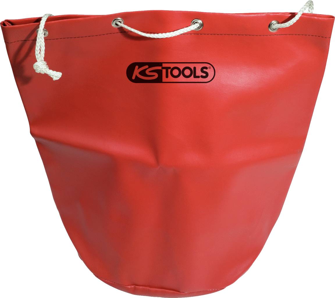 Czerwona torba na narzędzia z białym sznurkiem w górnej części, z logo 'KS Tools'.