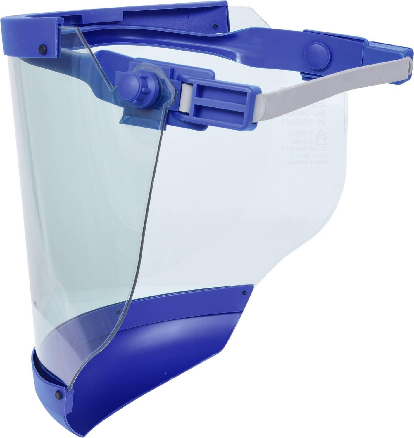 Przyłbica ochronna z przezroczystego tworzywa sztucznego z niebieską ramką i paskiem na głowę do ochrony w środowiskach pracy.