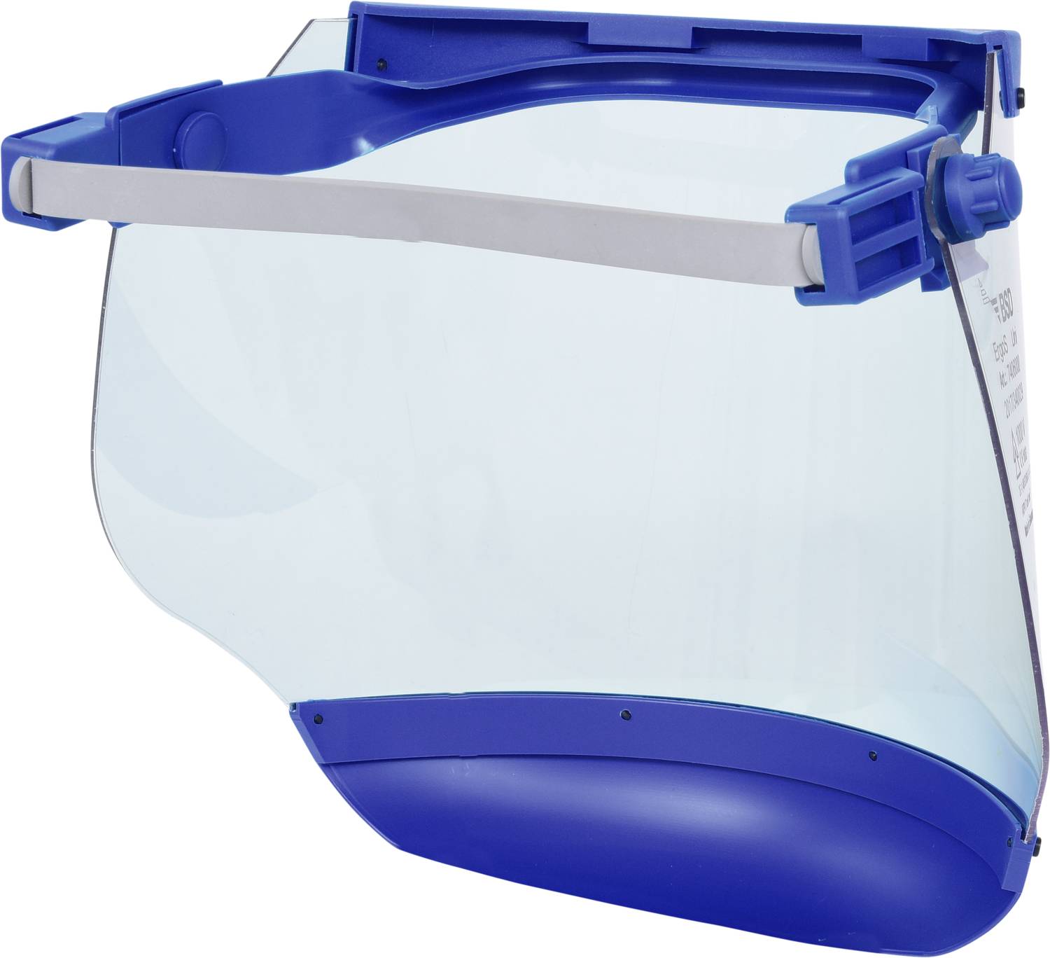 Osłona twarzy z przezroczystego tworzywa sztucznego z niebieską ramką i regulowaną opaską na głowę, przeznaczona do celów ochronnych.