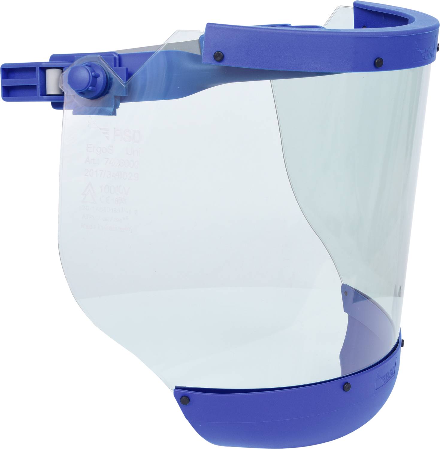 Niebieska plastikowa osłona twarzy z przezroczystą przyłbicą.