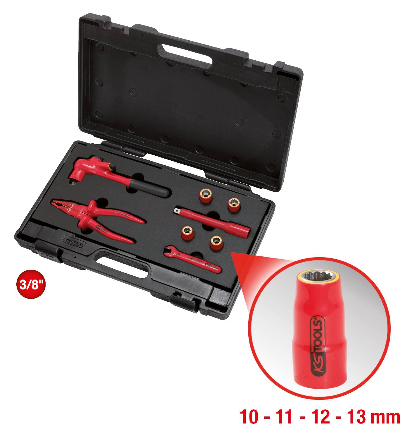 Otwarty kufer z narzędziami z wyizolowanymi narzędziami, w tym szczypcami i kluczami nasadowymi o rozmiarach 10-13 mm, przeznaczonymi do prac elektrycznych.