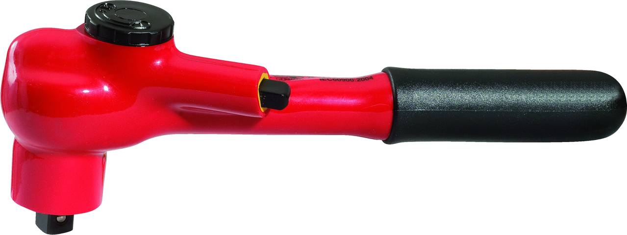 Czerwony pneumatyczny klucz dynamometryczny z czarnym uchwytem i pokrętłem regulacyjnym, używany do precyzyjnego ustawiania momentu obrotowego.