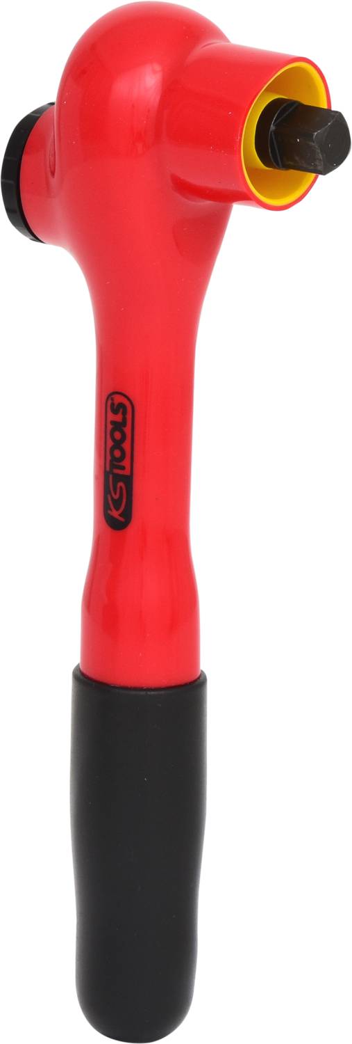 Klucz z grzechotką z czerwonym uchwytem i czarnym końcem, służący do dokręcania śrub lub nakrętek.