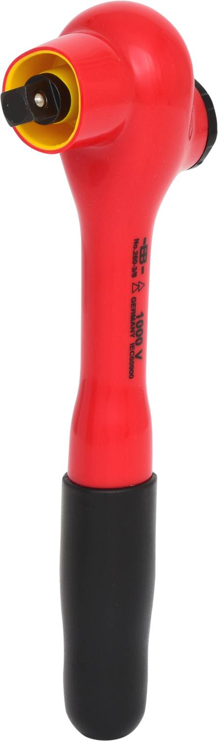 Czerwony młotek bezpieczeństwa z czarną rękojeścią i żółtym kołnierzem ochronnym, przeznaczony do użycia awaryjnego w pojazdach.